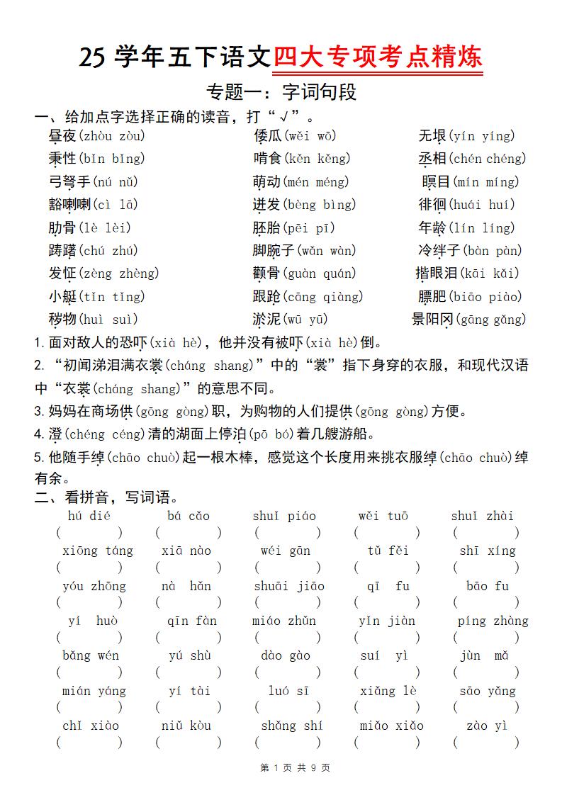25学年五下语文四大专项考点精炼（专题一：字词句段）