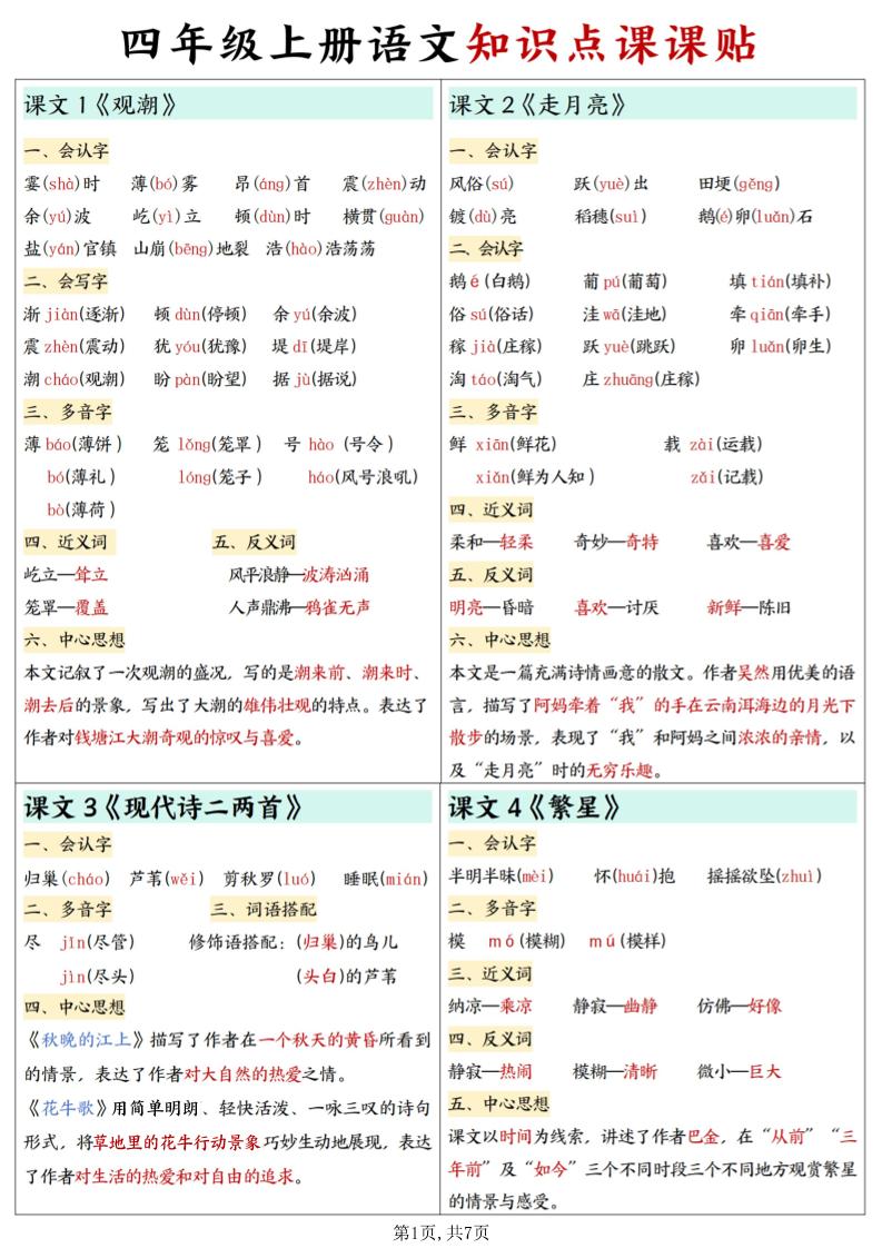 四上语文知识点课课贴7页