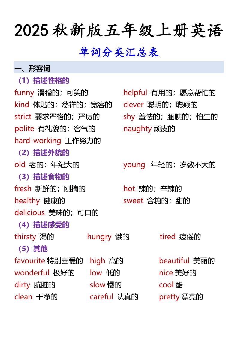 【2025秋新版】五年级上册英语单词分类汇总表