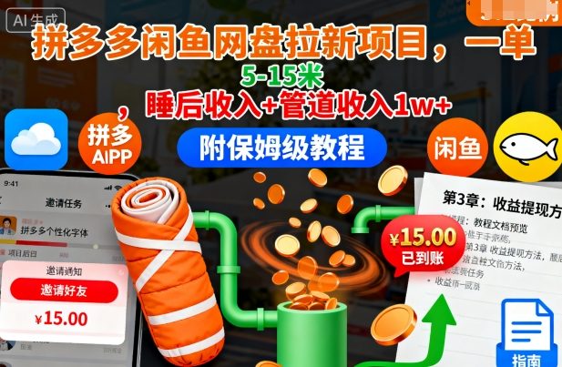 拼多多闲鱼网盘拉新项目，一单5-15米，睡后收入+管道收入1w+(附保姆级教程)