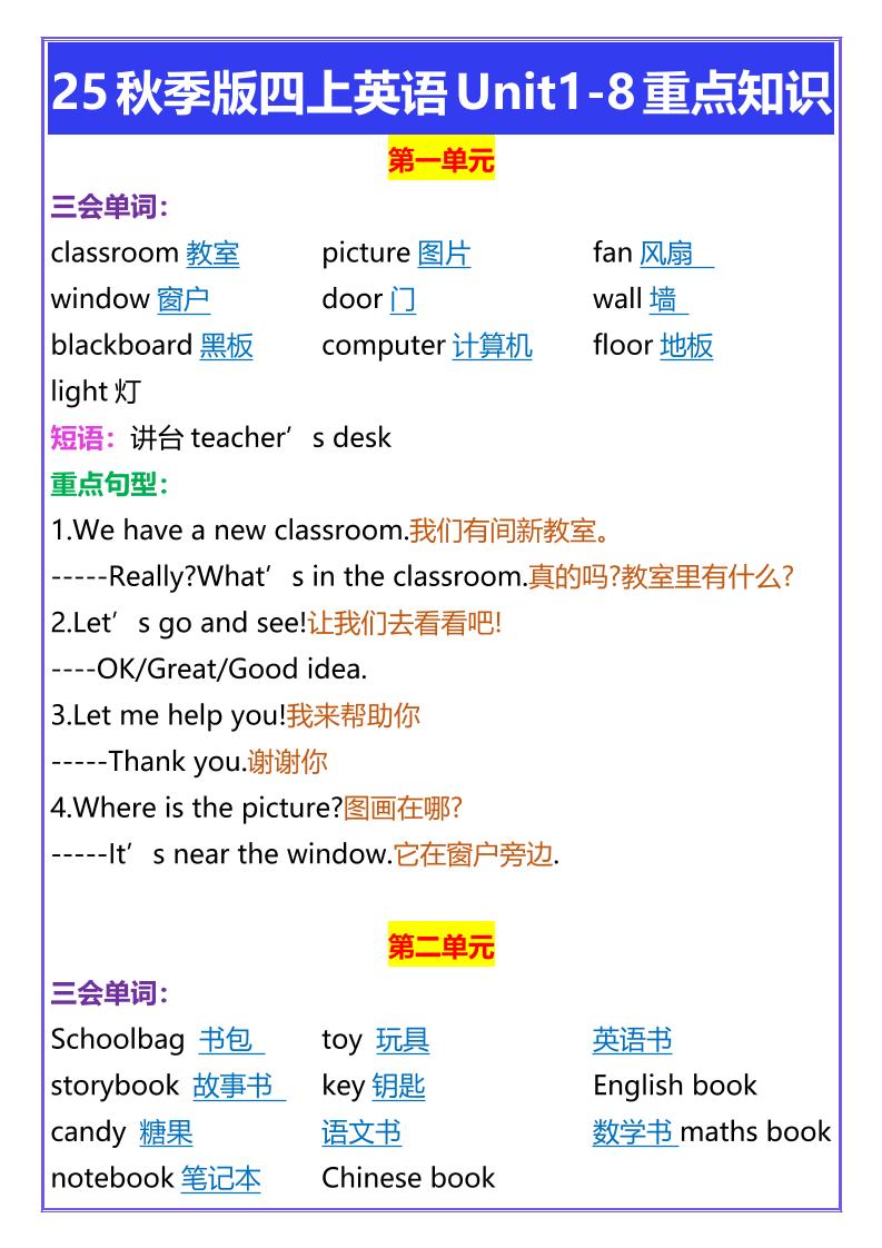 【2025秋新版】四年级上册英语Unit1-8重点知识