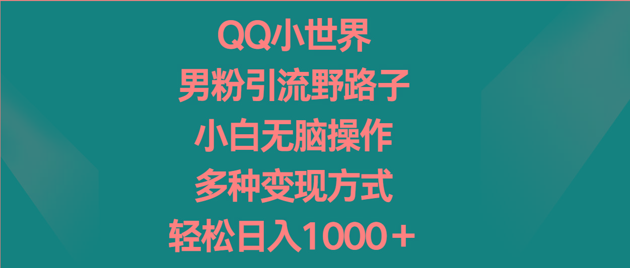 QQ小世界男粉引流野路子，小白无脑操作，多种变现方式轻松日入1000＋