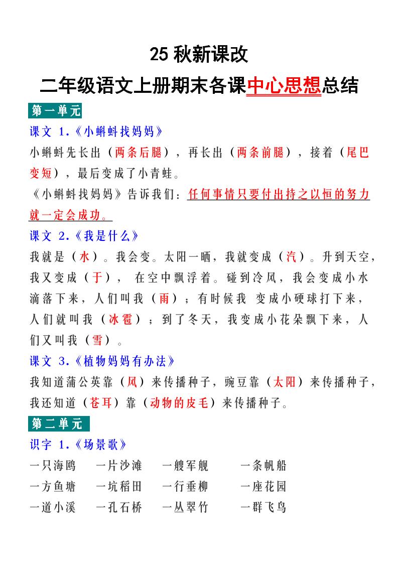 【2025秋新版】二年级语文上册期末各课中心思想总结