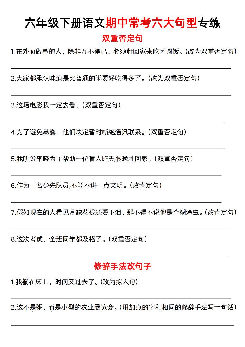 六年级下语文六大句型期中考点专项