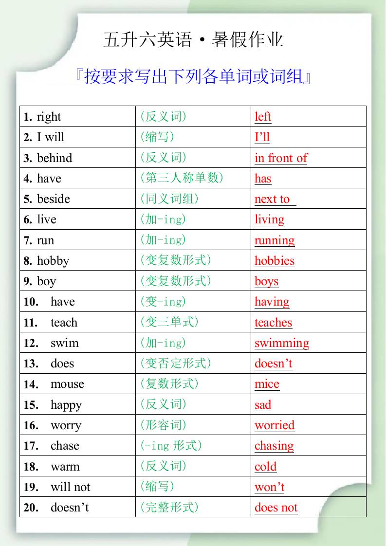 五升六英语暑假作业之按要求写出下列各单词或词组-六上英语