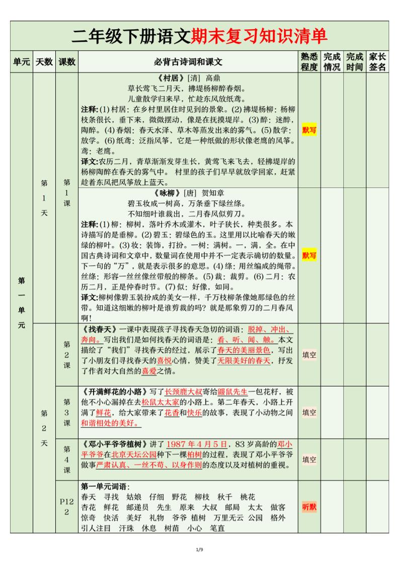 二年级下语文期末复习计划清单
