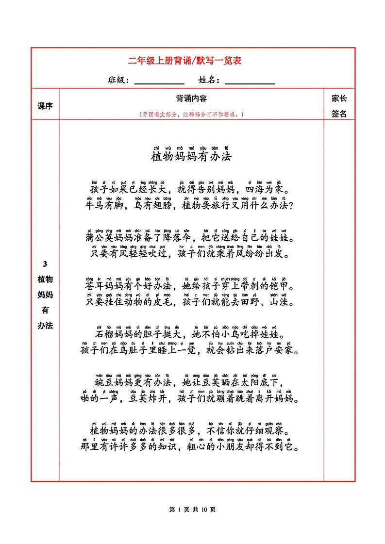 二上语文必背内容+默写表