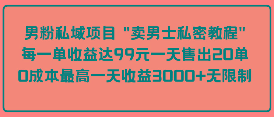 (9730期)男粉私域项目 “卖男士私密教程” 每一单收益达99元一天售出20单