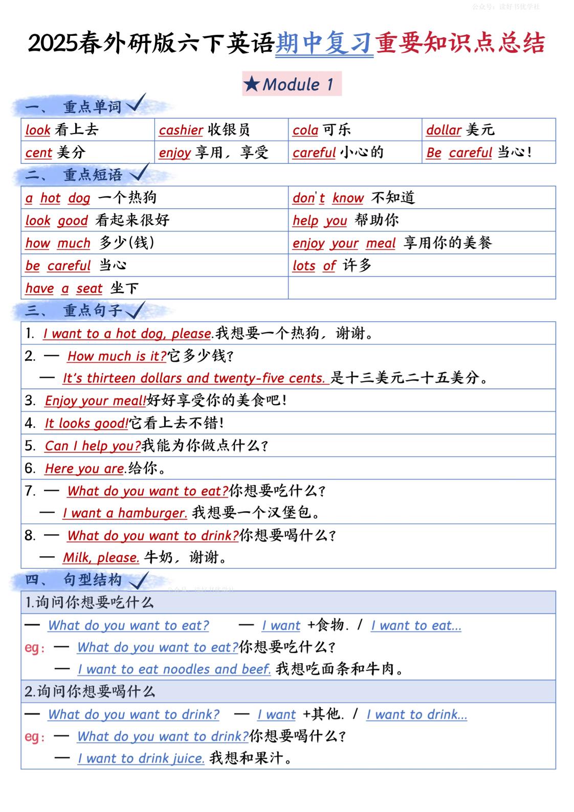 六下英语外研期中知识梳理